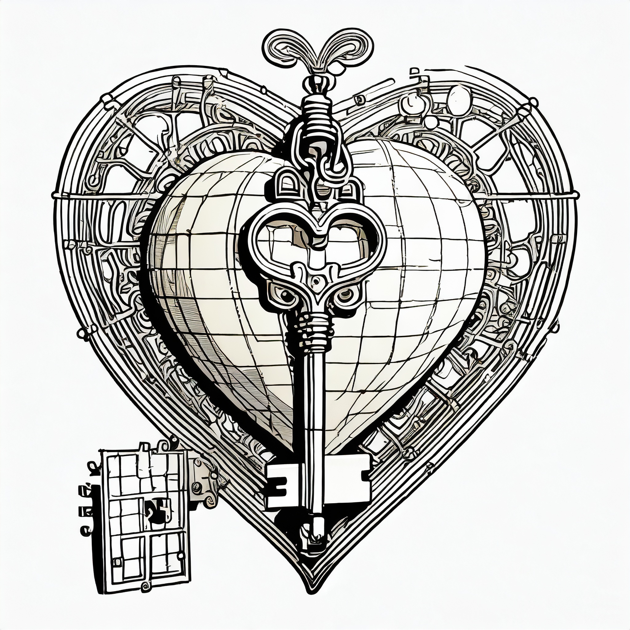 A key over a gem heart kept in a silver heart shaped cage.