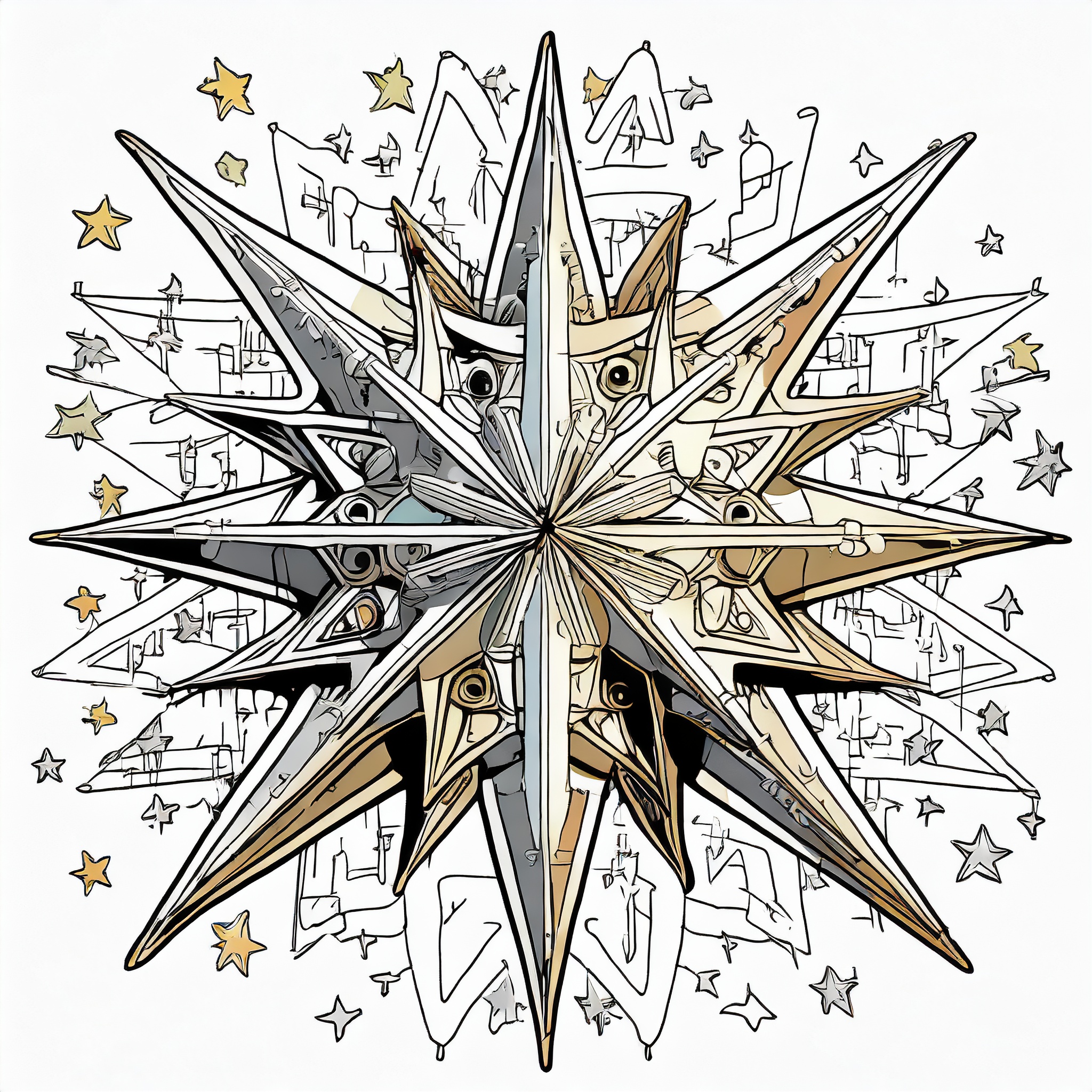 A many pointed star surrounded by stars