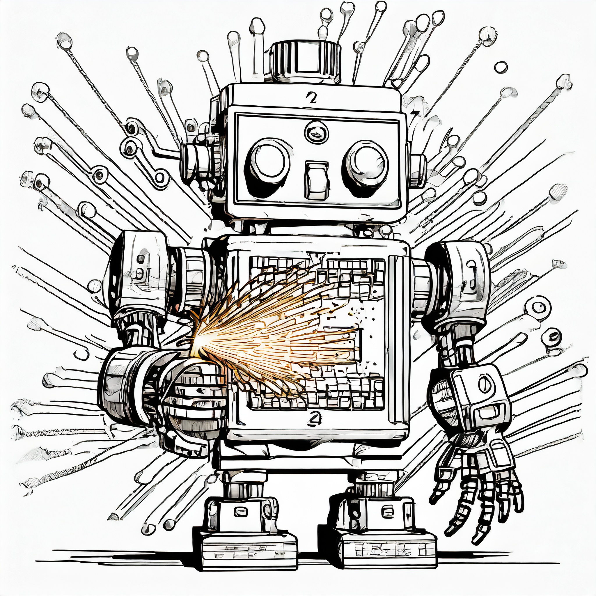 a robot holding a sparking power cable