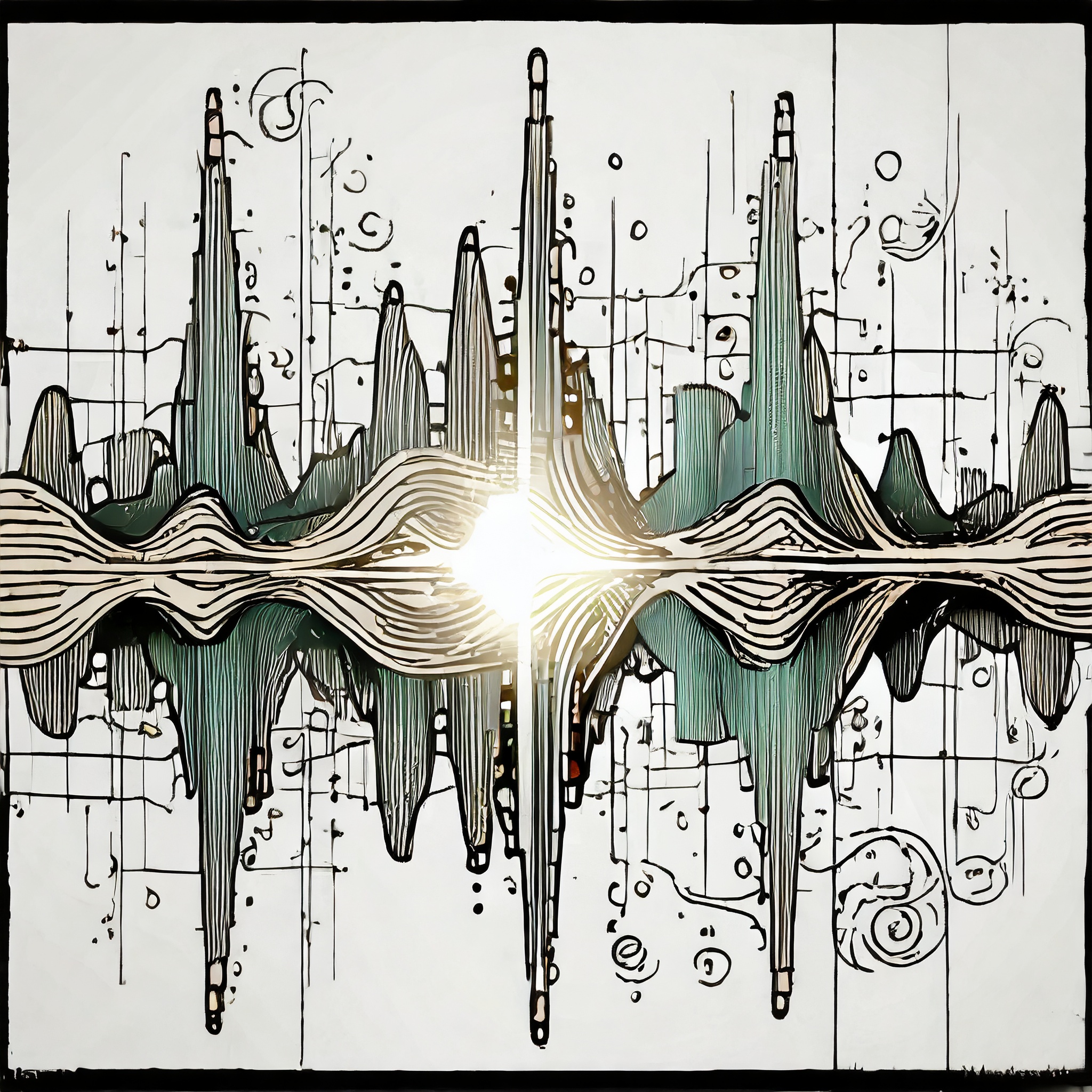 Sound waves overlapping with hits of green and a bright light out the centre.