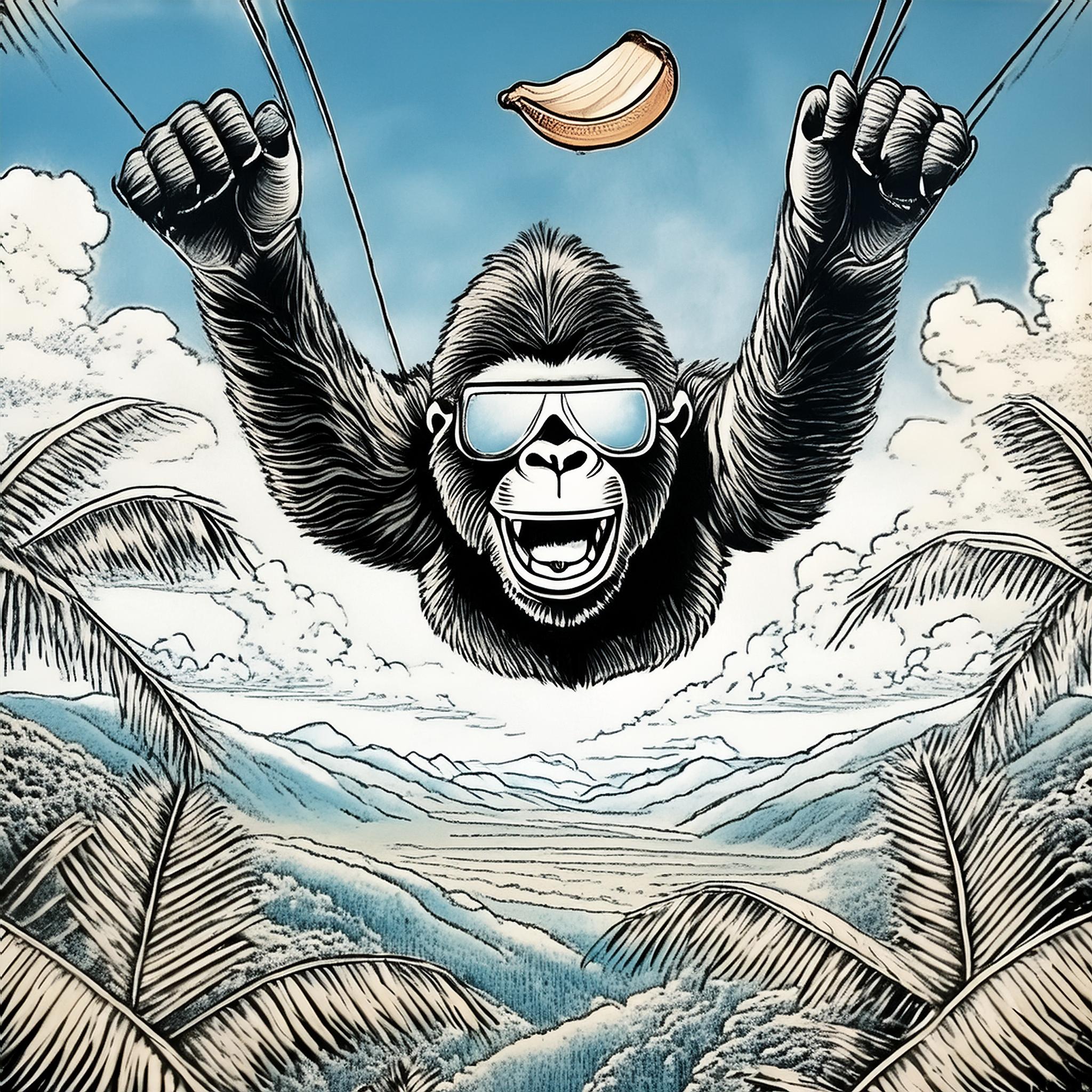 A happy gorilla flying through the jungle wearing sunglasses.