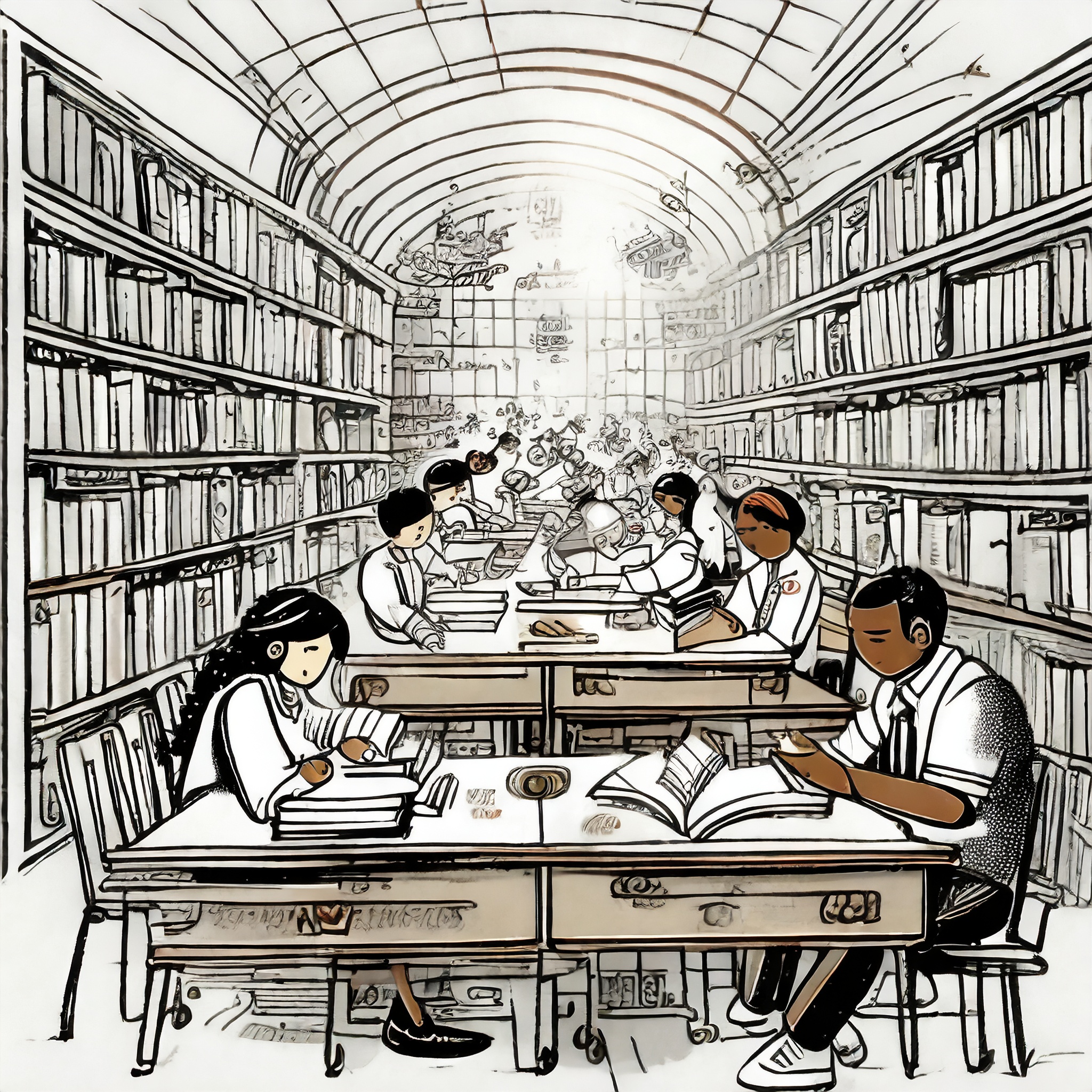 A library with desks in the middle. People studying, surrounded by books.